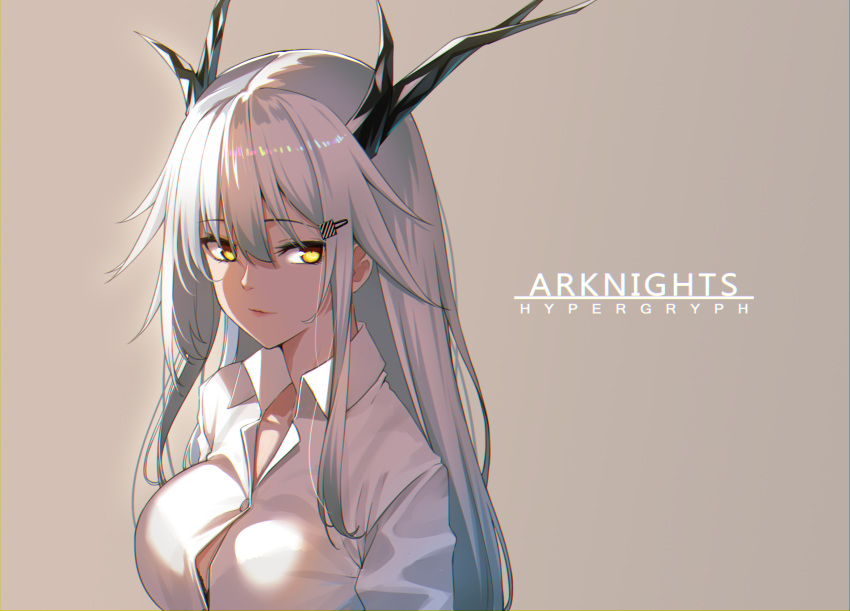 1girl arknights bishi_(bishi) breasts commentary_request copyright_name grey_background highres horns hypergryph_(arknights) large_breasts long_hair personification shirt silver_hair simple_background solo upper_body white_shirt wing_collar yellow_eyes