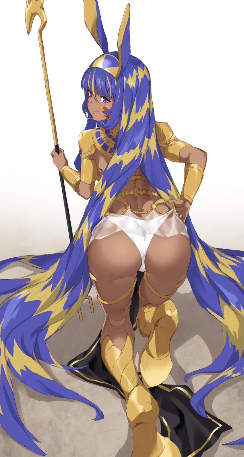 1girl absurdly_long_hair absurdres animal_ears armlet ass bangs blonde_hair blue_hair bracer closed_mouth dark_skin earrings egyptian_clothes eyebrows_visible_through_hair facial_mark fate/grand_order fate_(series) from_behind hair_between_eyes highres holding holding_staff hoop_earrings jackal_ears jewelry kneepits loincloth long_hair looking_back multicolored_hair nitocris_(fate/grand_order) panties pretty-purin720 see-through smile solo staff streaked_hair two-tone_hair underwear usekh_collar very_long_hair violet_eyes white_panties