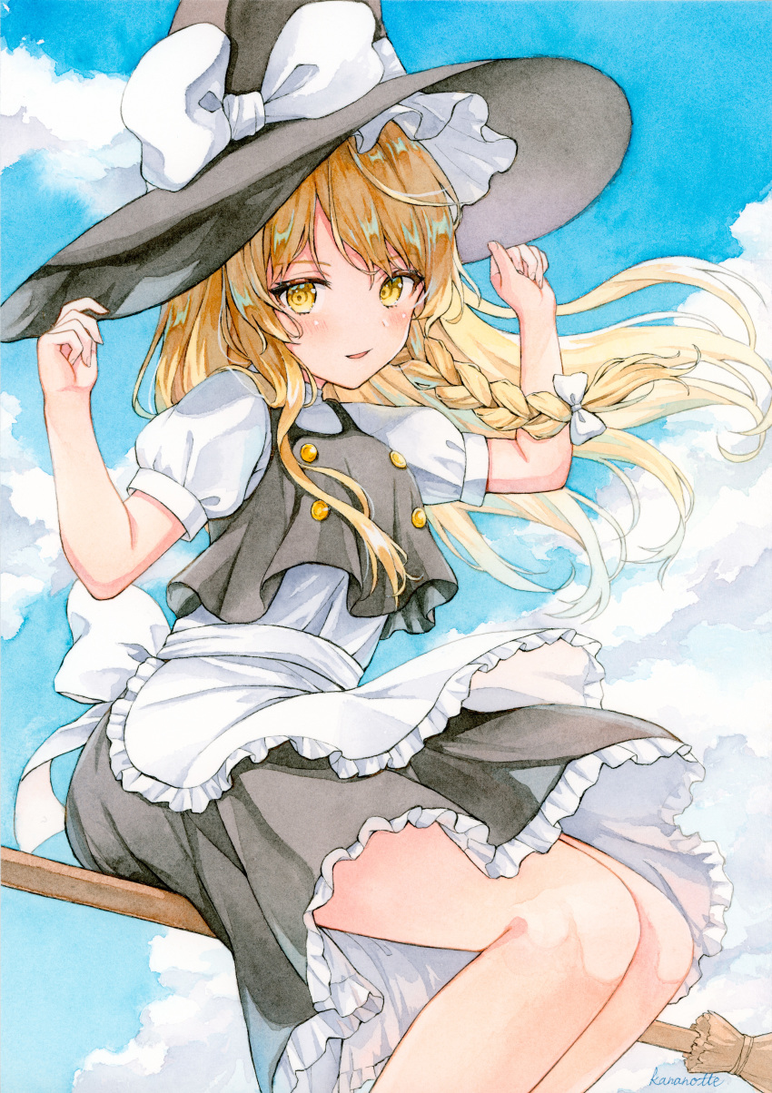 1girl absurdres apron arms_up back_bow black_skirt black_vest blonde_hair blush bow braid broom broom_riding buttons clouds commentary_request day eyebrows_visible_through_hair feet_out_of_frame floating_hair frills hair_bow hands_on_headwear hat hat_bow highres holding holding_clothes holding_hat kananotte kirisame_marisa long_hair looking_at_viewer parted_lips puffy_short_sleeves puffy_sleeves shirt short_sleeves single_braid skirt sky smile solo touhou traditional_media vest watercolor_(medium) white_bow white_shirt witch_hat yellow_eyes