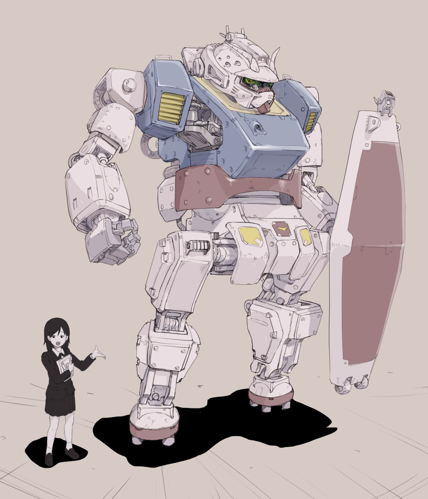 1girl absurdres black_eyes black_hair clenched_hand commentary green_eyes gundam highres holding holding_shield mecha mobile_suit_gundam open_mouth redesign rx-78-2 school_uniform science_fiction shield sukabu