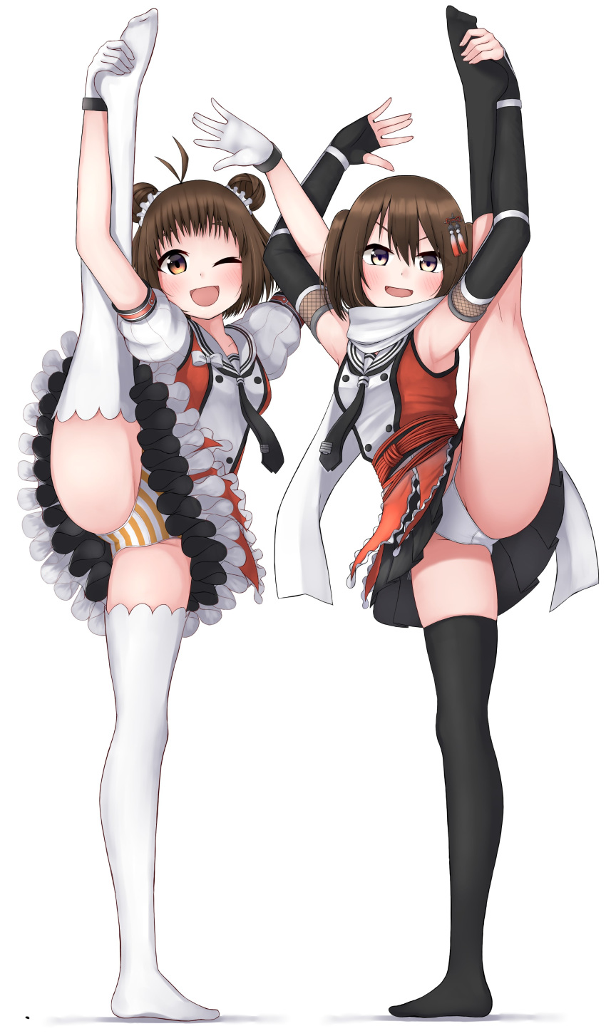 2girls ;d absurdres antenna_hair armpits arms_up ass_visible_through_thighs black_gloves black_legwear black_skirt blush brown_eyes brown_hair commentary_request double_bun elbow_gloves fingerless_gloves flexible full_body gloves hair_ornament highres kantai_collection leg_lift leg_up looking_at_viewer multiple_girls naka_(kantai_collection) one_eye_closed open_mouth panties remodel_(kantai_collection) scarf school_uniform sendai_(kantai_collection) serafuku short_hair skirt smile split standing standing_on_one_leg standing_split stretch striped striped_panties thigh-highs thighs tiemu_(man190) underwear white_panties white_scarf