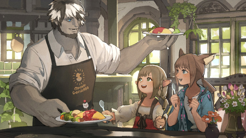 1boy 2girls :d apron beard black_apron black_hair blue_eyes blue_jacket blush bouquet brown_flower brown_hair character_request collared_shirt commentary_request day dress facial_hair final_fantasy final_fantasy_xiv flower food fork green_eyes grey_skin holding holding_fork holding_plate holding_spoon indoors jacket lalafell long_hair long_sleeves low_twintails miqo'te moogle multicolored_hair multiple_girls off-shoulder_shirt off_shoulder omurice open_clothes open_jacket open_mouth plate pointy_ears purple_flower red_dress sasumata_jirou shirt short_sleeves signature sleeveless sleeveless_dress smile spoon table twintails two-tone_hair upper_teeth white_flower white_hair white_shirt wide_sleeves window