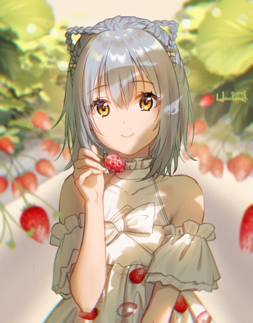 1girl bangs bare_shoulders blurry blurry_background bow braid brown_eyes closed_mouth collarbone covered_collarbone depth_of_field dress eyebrows_visible_through_hair food food_print fruit grey_hair hair_between_eyes haneru highres holding holding_food original print_dress signature sleeveless sleeveless_dress smile solo strawberry strawberry_print upper_body white_bow white_dress