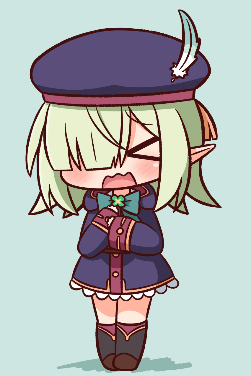 &gt;_&lt; 1girl absurdres aoi_(princess_connect!) bangs beret black_footwear blue_background blue_bow blue_headwear blue_jacket blush boots bow brown_legwear chibi closed_eyes eyebrows_visible_through_hair facing_viewer full_body green_hair hair_over_one_eye hana_kazari hat hat_feather highres hood hood_down hooded_jacket jacket knee_boots kneehighs long_sleeves open_mouth pointy_ears princess_connect! princess_connect!_re:dive shadow sleeves_past_wrists solo standing wavy_mouth