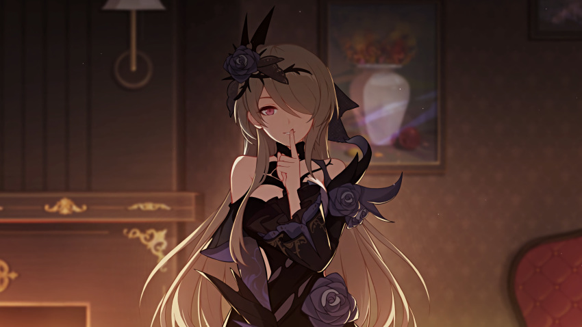 1065587906 1girl brown_hair commentary dress finger_to_mouth flower formal hair_flower hair_ornament hair_over_one_eye highres honkai_(series) honkai_impact_3rd long_hair looking_at_viewer mole mole_under_eye red_eyes rita_rossweisse rita_rossweisse_(fallen_rosemary) smile solo