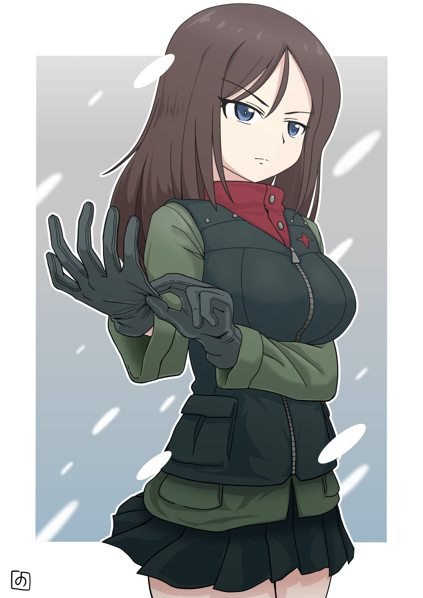 1girl absurdres artist_logo bangs black_hair black_vest blue_eyes closed_mouth commentary cowboy_shot frown girls_und_panzer glove_pull green_jacket grey_background highres insignia jacket long_hair long_sleeves looking_to_the_side military military_uniform miniskirt nonna_(girls_und_panzer) outline outside_border pleated_skirt pravda_military_uniform red_shirt shirt skirt snowing solo standing swept_bangs turtleneck uniform vest white_outline yb_norio zipper