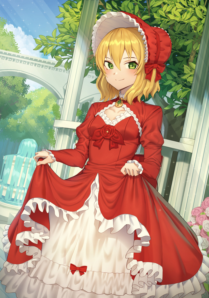 1girl absurdres bangs blonde_hair blush bonnet bow breasts closed_mouth collarbone commentary_request day dress eyebrows_visible_through_hair flower fountain frilled_dress frills goback green_eyes hair_between_eyes hair_bow highres idolmaster idolmaster_cinderella_girls juliet_sleeves long_sleeves looking_at_viewer outdoors pink_flower pink_rose puffy_sleeves red_bow red_dress red_flower red_headwear red_rose rose sakurai_momoka skirt_hold small_breasts smile solo standing water white_flower white_rose