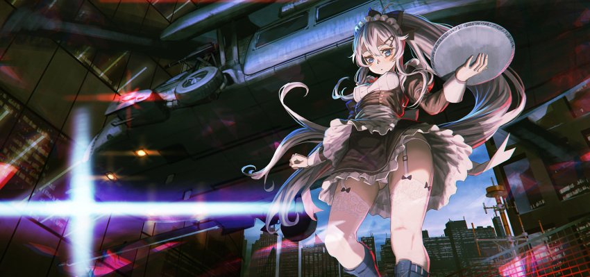 1girl 9a-91_(girls_frontline) ahoge aircraft bangs black_ribbon blue_eyes breasts city commentary_request from_below garter_straps girls_frontline hair_between_eyes hair_ornament hairclip helicopter highres hironii_(hirofactory) holding holding_plate long_hair long_sleeves looking_at_viewer maid maid_headdress outdoors panties pantyshot plate ponytail ribbon silver_hair solo standing thigh-highs underwear very_long_hair white_legwear white_panties