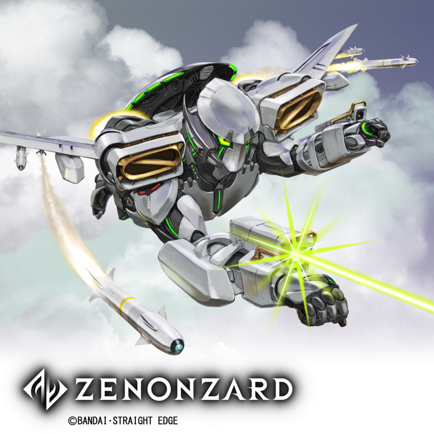 aiming arm_cannon bandai battle clouds commentary commentary_request condensation_trail energy_beam energy_cannon firing flying igunuk mecha missile missile_pod original realistic science_fiction weapon wings zenonzard