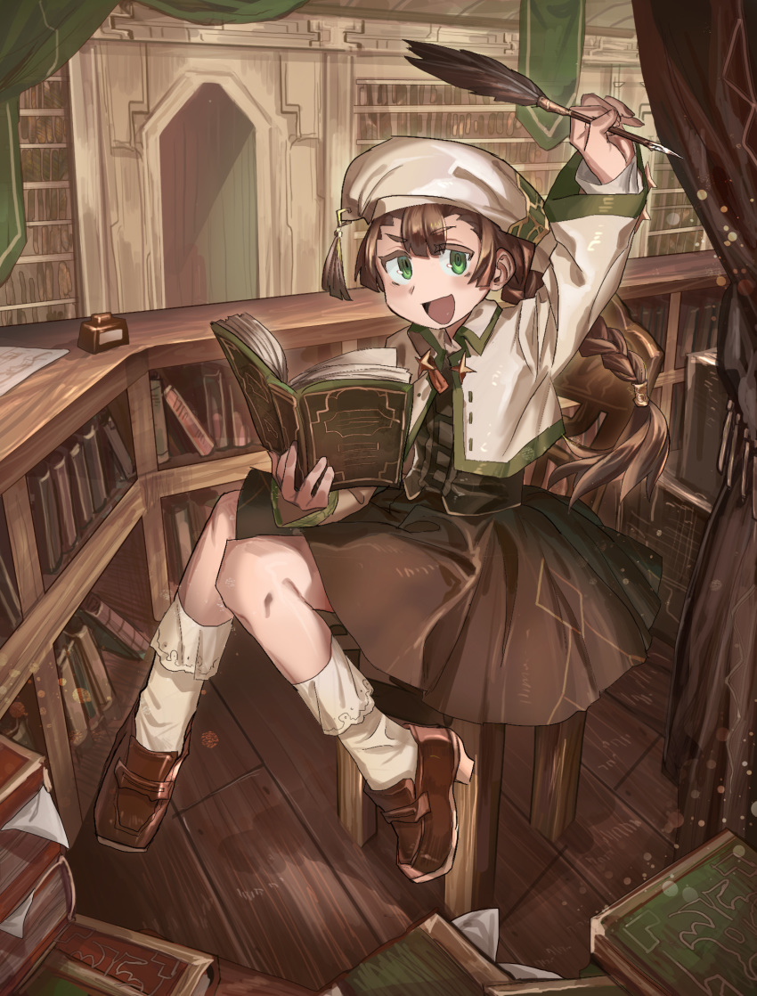 1girl :d book book_stack braid brown_dress brown_footwear brown_hair curtains dress green_eyes hand_up hat_feather head_scarf highres holding holding_book holding_quill ink_bottle jacket knees_together_feet_apart long_hair long_sleeves looking_at_viewer open_clothes open_jacket open_mouth original quill shichigatsu shoes single_braid sitting smile socks solo stool white_jacket white_legwear