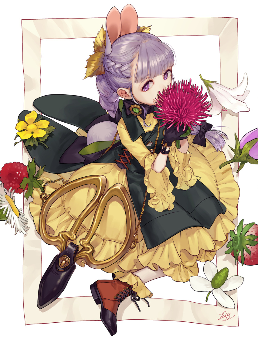 1girl animal_ears bangs berry black_bow black_gloves blunt_bangs bow braid brown_footwear bunny_girl bunny_tail chain cherico dress eyebrows_visible_through_hair flower food frilled frilled_dress frilled_sleeves frills fruit gloves hair_bow highres holding holding_flower leaf long_hair original purple_flower purple_hair rabbit_ears scissors sheath sheathed signature solo strawberry tail turtleneck violet_eyes white_flower yellow_dress yellow_flower