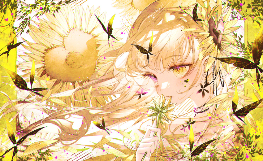 1girl blonde_hair blush bug butterfly closed_mouth commentary_request floating_hair flower from_side hair_flower hair_ornament heterochromia holding holding_flower long_bangs long_hair looking_ahead majamari original portrait raised_eyebrows sidelocks solo sunflower violet_eyes yellow_eyes yellow_flower yellow_theme