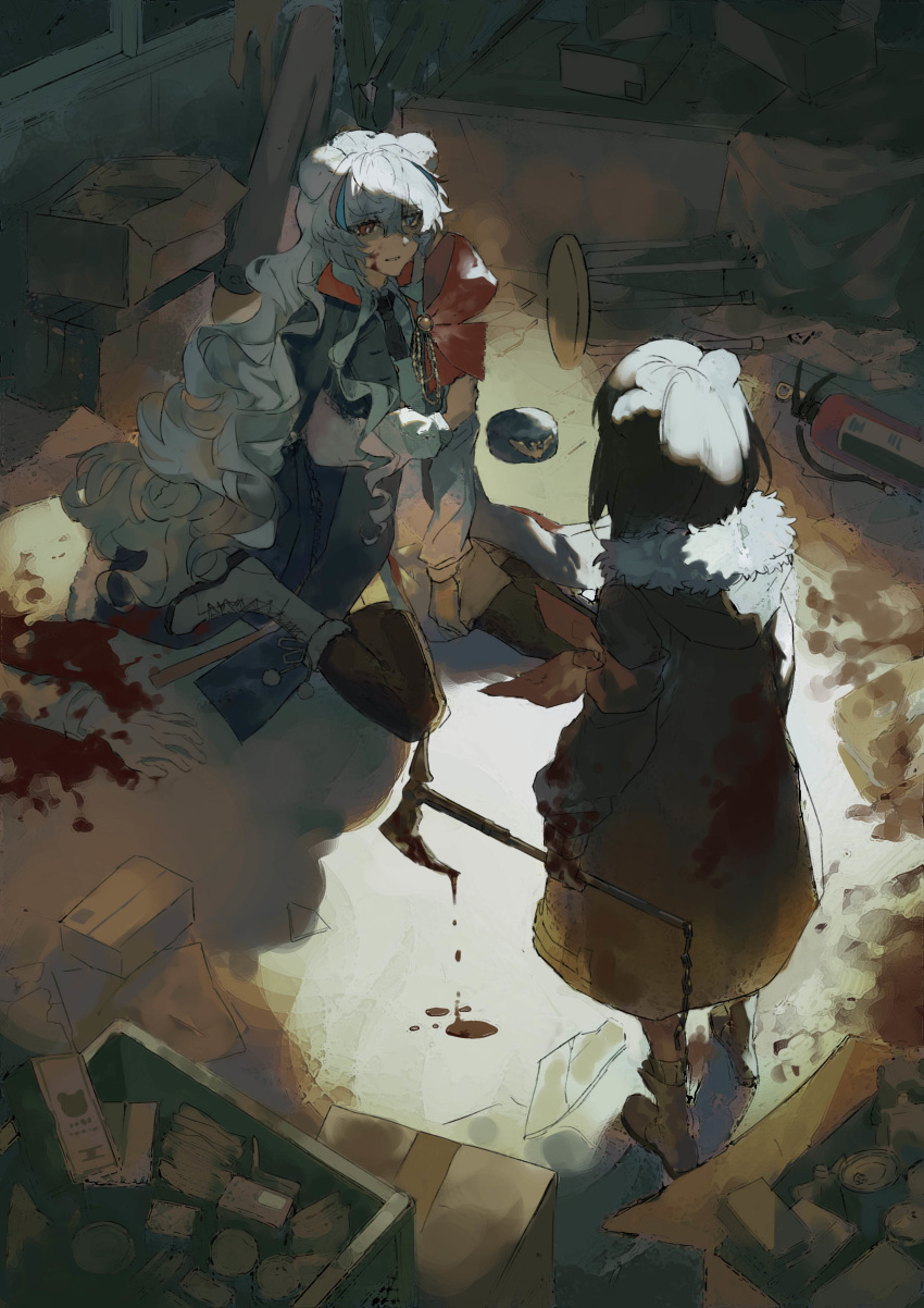 2girls absurdres animal_ears arknights axe bear_ears blood blood_splatter bloody_weapon boots box coat corpse fire_extinguisher fur-trimmed_coat fur_trim hat hat_removed headwear_removed heterochromia highres holding_own_arm long_hair maota_win multiple_girls pantyhose rosa_(arknights) sitting stool wariza weapon zima_(arknights)