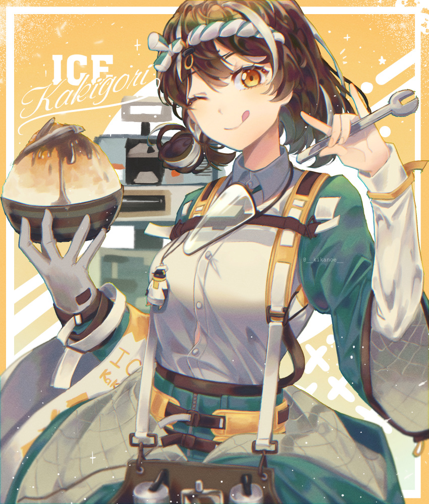 1girl ;) ;q absurdres alternate_costume arknights bangs bowl brown_eyes brown_hair commentary_request gloves hachimaki hands_up headband highres holding holding_bowl kikan_(kikanoe) looking_at_viewer magallan_(arknights) multicolored_hair nejiri_hachimaki one_eye_closed shirt short_hair single_glove smile solo streaked_hair tongue tongue_out upper_body white_hair white_shirt