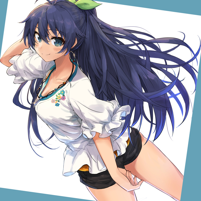 1girl antenna_hair black_hair black_shorts blouse blue_eyes commentary_request dutch_angle earrings ganaha_hibiki glint hair_between_eyes hair_ribbon highres hoop_earrings idolmaster idolmaster_(classic) jewelry looking_at_viewer looking_back necklace ponytail ribbon short_shorts short_sleeves shorts simple_background solo syuichi thighs white_blouse