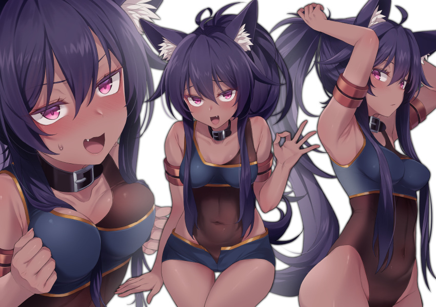 1girl :d absurdres ahoge animal_ear_fluff animal_ears armlet armpits arms_up black_choker black_hair bodystocking breasts choker collarbone covered_navel crop_top fang gold_trim groin highres jingo long_hair looking_at_viewer looking_up medium_breasts micro_shorts multiple_views ok_sign open_fly open_mouth original ponytail shorts simple_background single_strap sleeveless smile sweatdrop thighs tying_hair v-shaped_eyebrows very_long_hair violet_eyes white_background