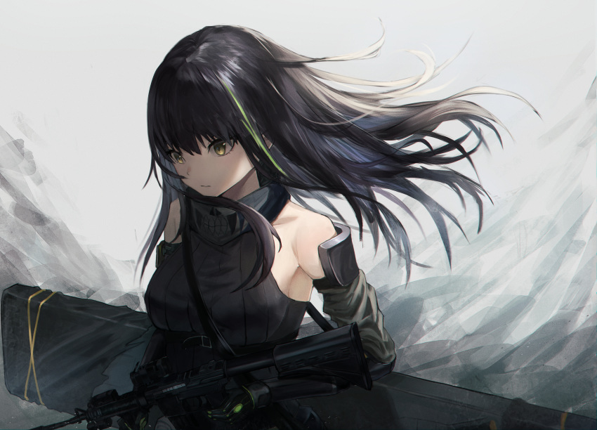 1girl absurdres assault_rifle bare_shoulders black_hair black_shirt breasts brown_eyes closed_mouth eyebrows_visible_through_hair girls_frontline gun highres holding holding_weapon huge_filesize long_hair looking_away m4_carbine m4a1_(girls_frontline) mechanical_arm medium_breasts rifle ritta_(abmnoworld) scarf serious shirt simple_background solo weapon weapon_case