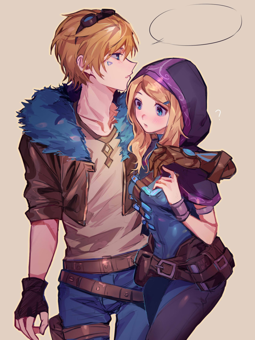 1boy 1girl ? arm_around_shoulder belt belt_buckle belt_pouch blonde_hair blue_eyes blush book brown_background brown_gloves buckle collarbone ezreal facial_mark fingerless_gloves fur_trim gauntlets gloves goggles goggles_on_head hair_ornament hairclip highres hood hood_up jose_(1223919115) league_of_legends liquid long_hair luxanna_crownguard outline parted_lips pouch simple_background single_gauntlet sleeves_rolled_up speech_bubble spellthief_lux vial yellow_outline