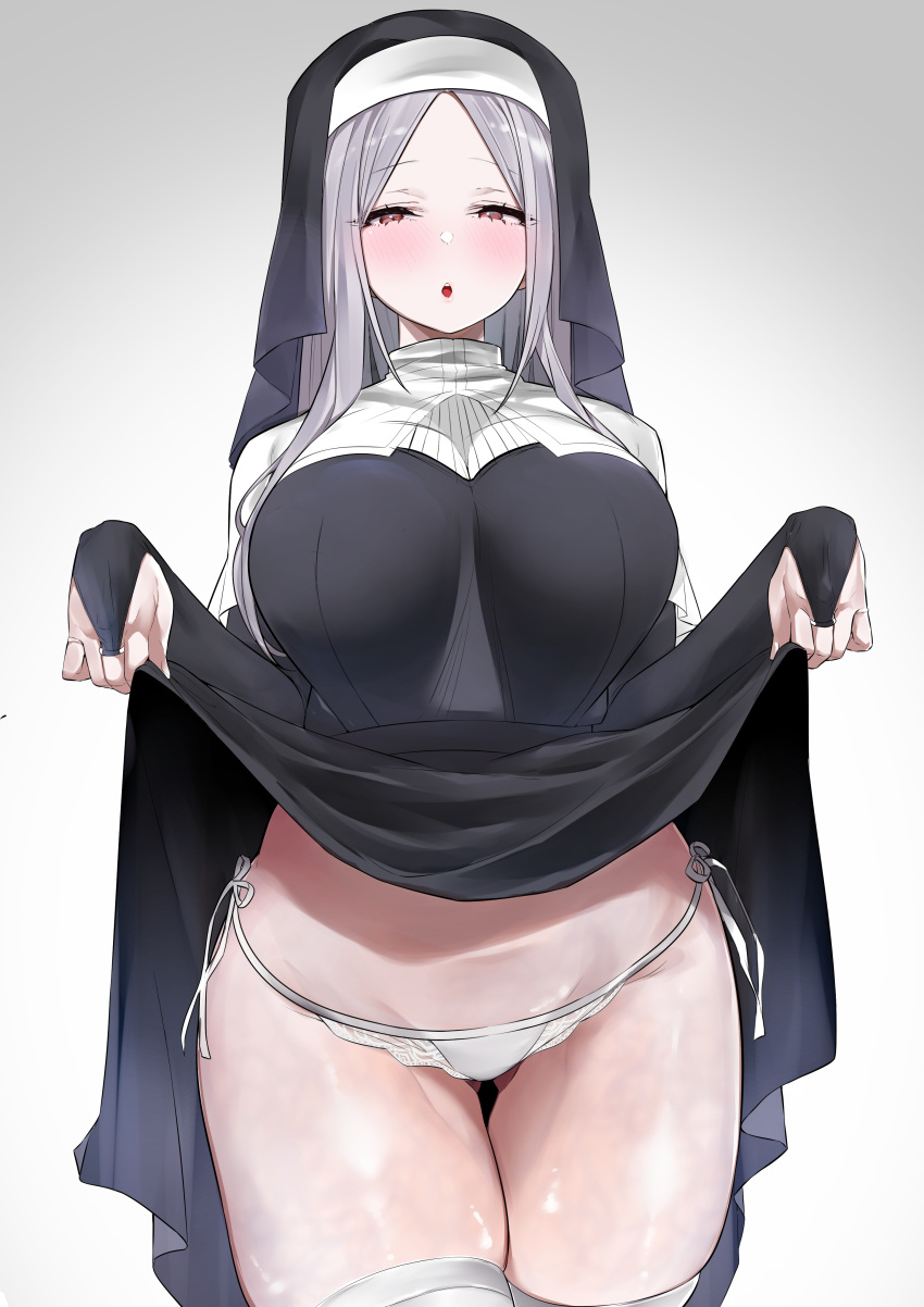 1girl :o absurdres bangs blush breasts bridal_gauntlets dress dress_lift gloves grey_hair habit half-closed_eyes highres large_breasts lifted_by_self long_hair long_sleeves looking_at_viewer mitsudoue nun open_mouth original panties pantyshot shiny shiny_skin side-tie_panties solo thigh-highs thighs underwear violet_eyes