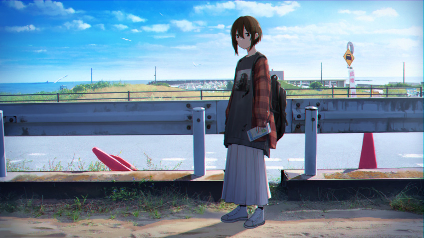 1girl backpack bag bird brown_hair chromatic_aberration day holding long_skirt map ocean original outdoors railing sakeharasu seagull short_hair skirt sky solo standing