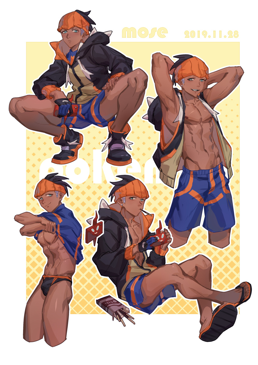 1boy abs absurdres aqua_eyes black_hair black_hoodie commentary_request copyright_name dark_skin dark_skinned_male dated earrings gen_4_pokemon gloves gym_leader highres jewelry male_focus mo_si_(z1216150815) multiple_views muscle orange_headwear pectorals pokemon pokemon_(game) pokemon_swsh raihan_(pokemon) rotom rotom_phone shirt_lift shoes shorts single_glove smile teeth