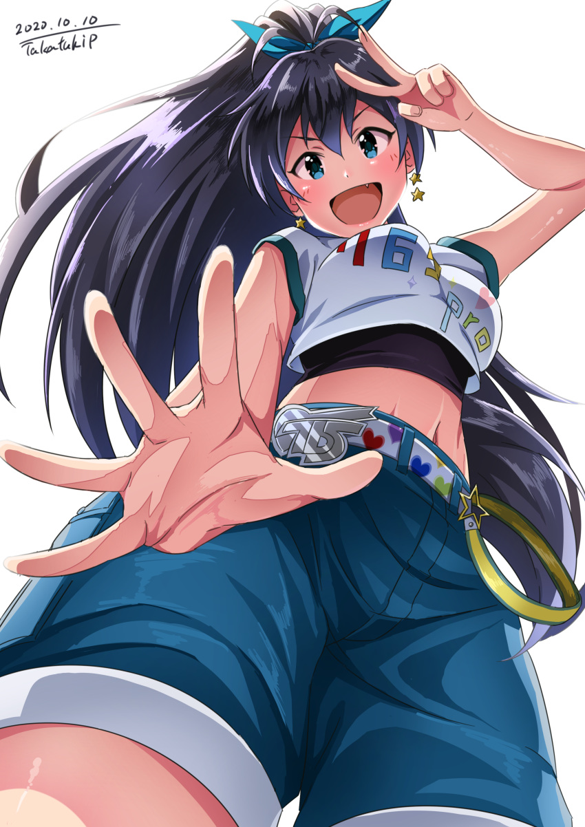1girl :d absurdres antenna_hair bangs belt black_hair blue_eyes blue_shorts blush breasts clothes_writing commentary_request cowboy_shot crop_top dated earrings eyebrows_behind_hair fang foreshortening from_below ganaha_hibiki green_ribbon groin hair_between_eyes hair_ribbon highres idolmaster idolmaster_(classic) jewelry long_hair looking_at_viewer medium_breasts midriff navel open_mouth ponytail ribbon shirt shorts sidelocks signature simple_background smile solo standing star_(symbol) star_earrings takatsuki_p v white_background white_belt white_shirt