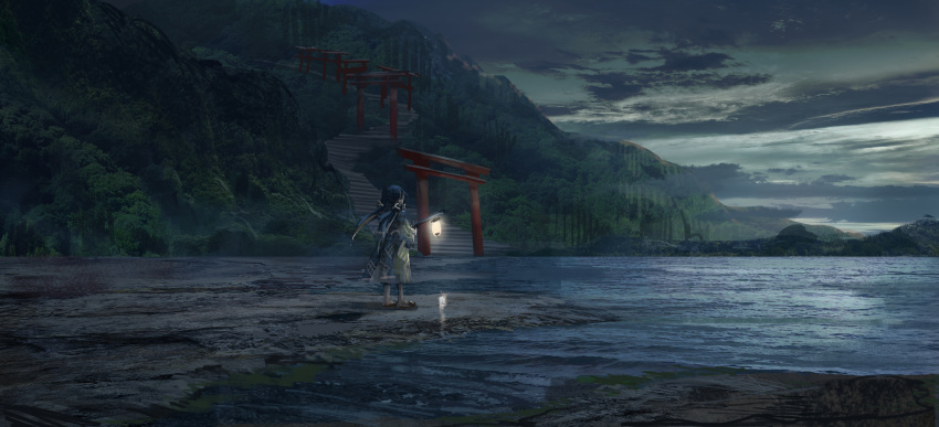 1girl absurdres beach blue_hair clouds dusk forest from_behind highres holding holding_lantern japanese_clothes kimono lake lantern long_hair mountain multiple_torii nature original outdoors sandals scenery shichigatsu sky solo stairs standing torii transparent tree twintails water yayoi_(shichigatsu)