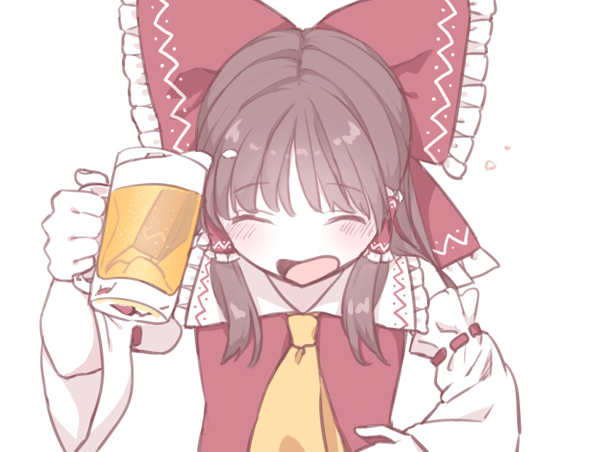 1girl alcohol ascot beer beer_mug blush bow brown_hair closed_eyes commentary_request cup detached_sleeves frilled_bow frilled_hair_tubes frills hair_bow hair_tubes hakurei_reimu highres holding holding_cup long_hair mug norichiizu open_mouth red_bow ribbon-trimmed_sleeves ribbon_trim smile solo touhou yellow_ascot