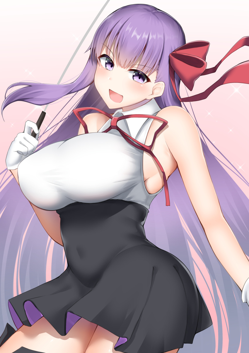 1girl bangs bare_shoulders bb_(fate)_(all) bb_(fate/extra_ccc) black_skirt breasts fate/extra fate/extra_ccc fate_(series) gloves hair_ribbon high-waist_skirt highres holding holding_wand kitajima_yuuki large_breasts leotard long_hair neck_ribbon open_mouth purple_hair red_ribbon ribbon skirt smile very_long_hair violet_eyes wand white_gloves white_leotard