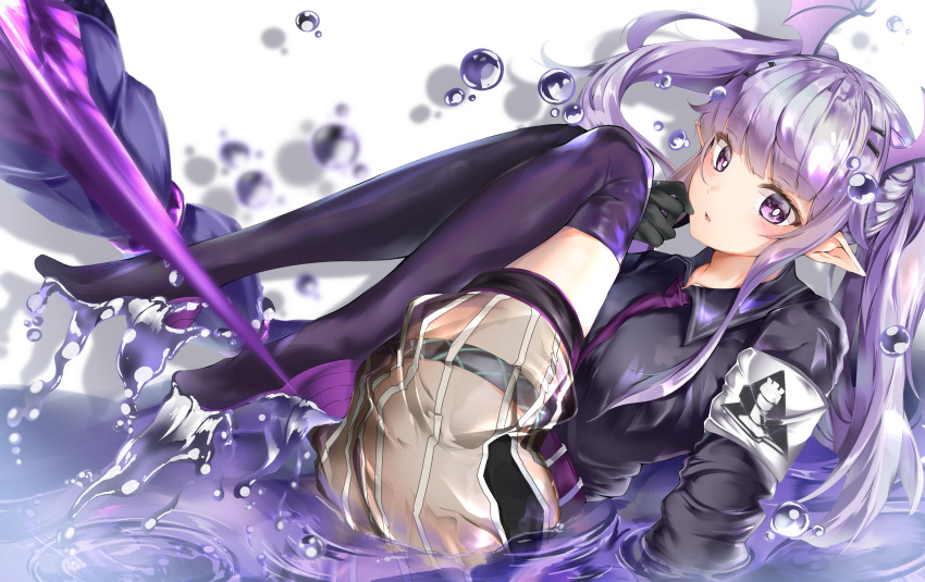 1girl absurdres arknights black_legwear black_shirt commentary_request head_wings highres huge_filesize long_hair manticore_(arknights) mika_uni necktie no_shoes pointy_ears purple_hair purple_neckwear shirt solo thigh-highs twintails violet_eyes white_background