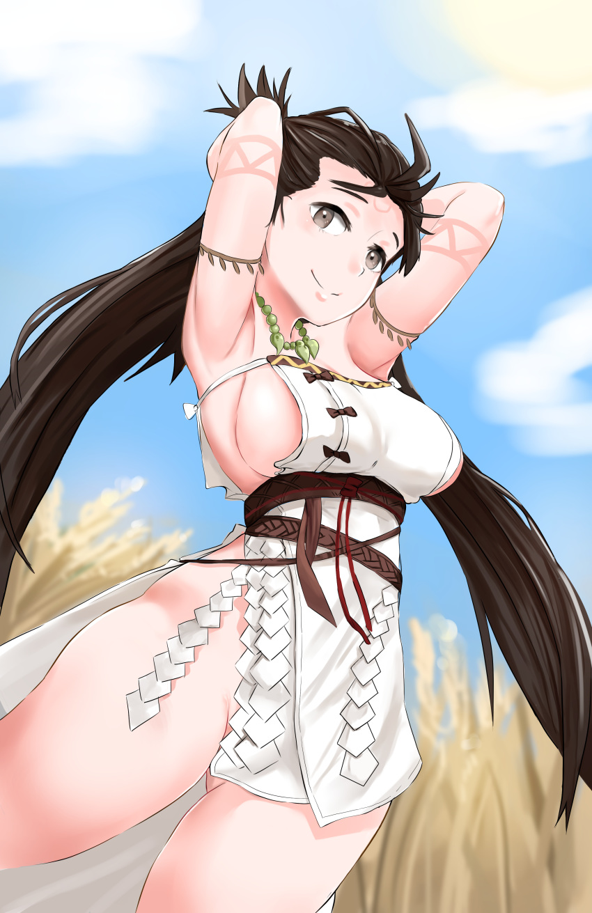 1girl absurdres armpits arms_behind_head arms_up bare_shoulders blue_sky blush body_markings breasts brown_eyes brown_hair closed_mouth dress facial_mark fate/grand_order fate_(series) forehead forehead_mark highres himiko_(fate) kiru_(bsesso) large_breasts long_hair looking_at_viewer magatama magatama_necklace no_bra no_panties sash side_slit sideboob sky smile thighs topknot twintails wheat_field white_dress