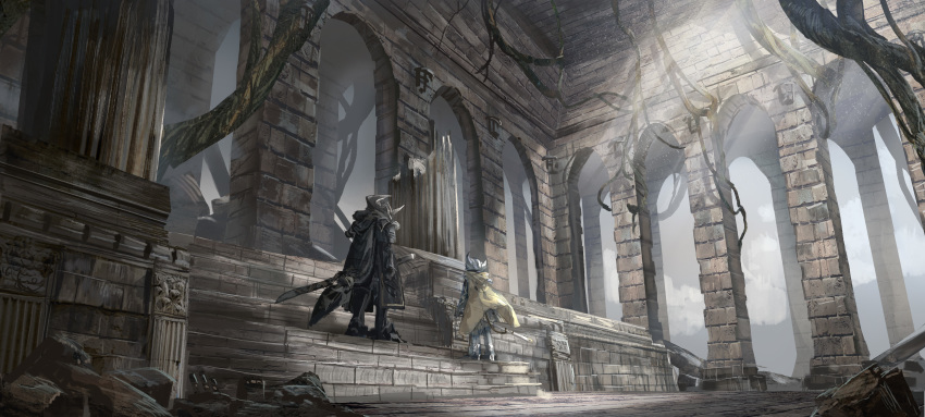 1boy 1girl absurdres arch armor armored_boots black_armor boots cape day from_behind greaves helmet highres horned_helmet light_rays original overgrown pillar plant ruins scenery sheath sheathed shichigatsu stairs sunbeam sunlight sword vines weapon yellow_cape