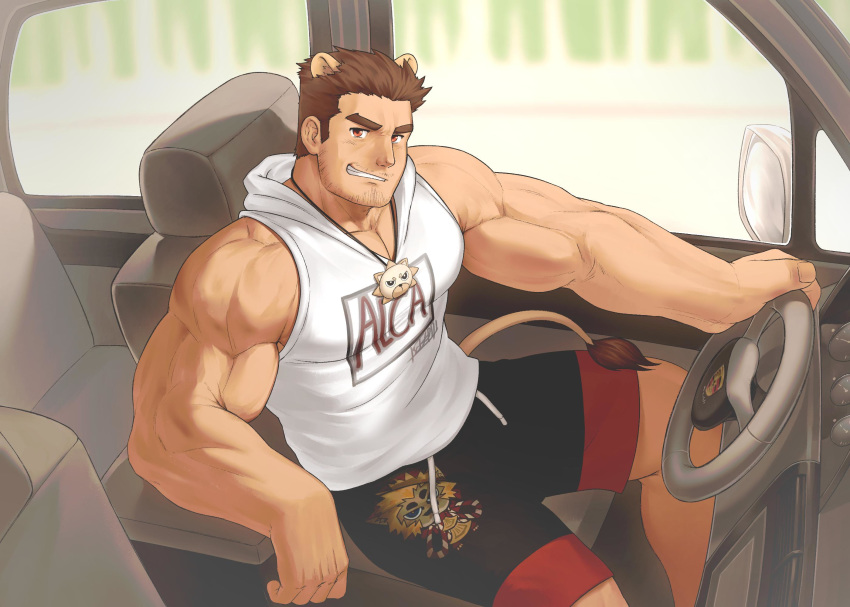 1boy animal_ears bara bare_shoulders brown_eyes brown_hair chest commission dobito_mn driving facial_hair giant giant_male highres hood hoodie jewelry lion_boy lion_ears lion_tail male_focus manly muscle necklace original short_hair shorts sideburns sleeveless sleeveless_hoodie smirk solo stubble tail thick_thighs thighs