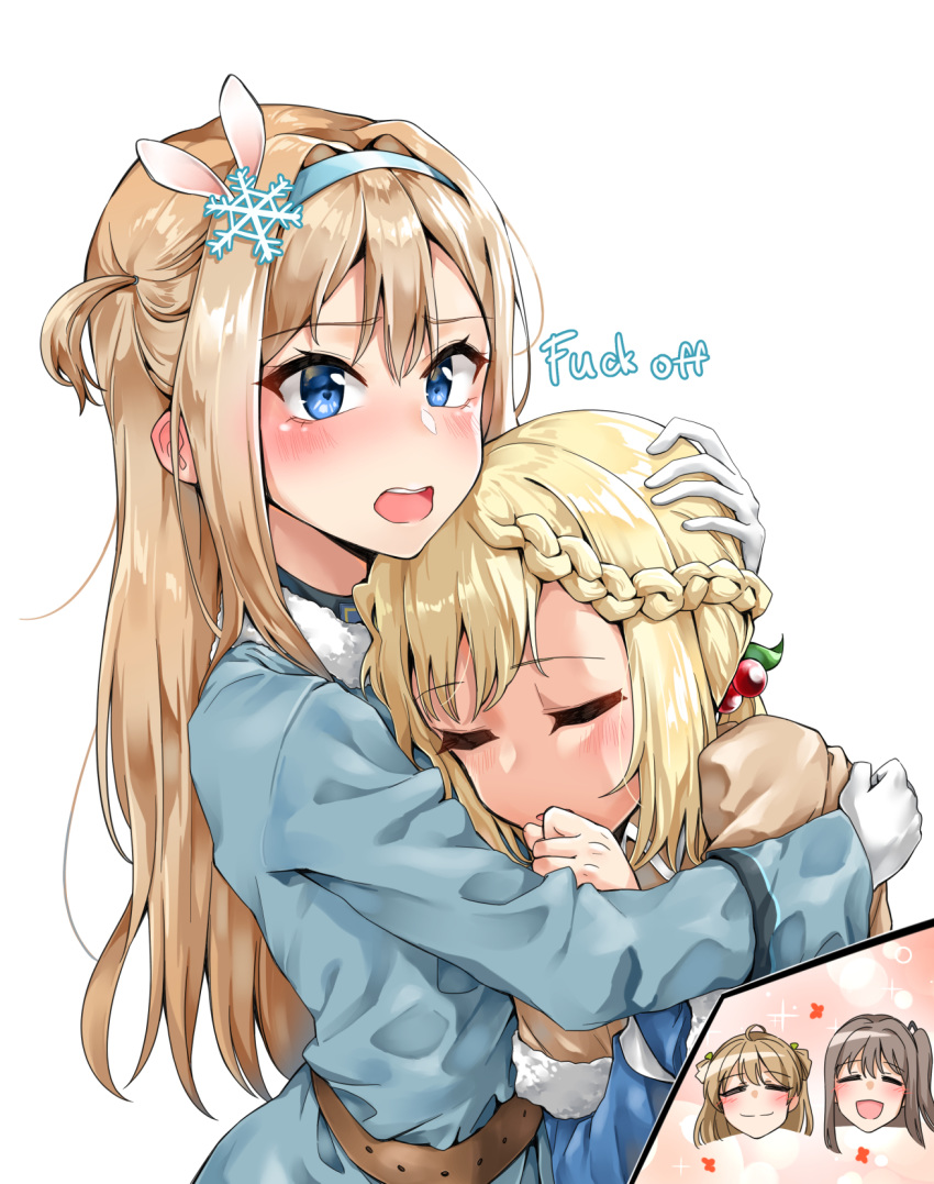4girls blonde_hair blue_eyes blue_hairband blue_jacket braid cherry_hair_ornament closed_eyes commission dulldull english_text food_themed_hair_ornament girls_frontline gloves hair_between_eyes hair_ornament hairband highres hug jacket light_brown_hair long_hair long_sleeves low_twintails multiple_girls one_side_up ppsh-41_(girls_frontline) sidelocks snowflake_hair_ornament suomi_kp31_(girls_frontline) twintails white_gloves yuri