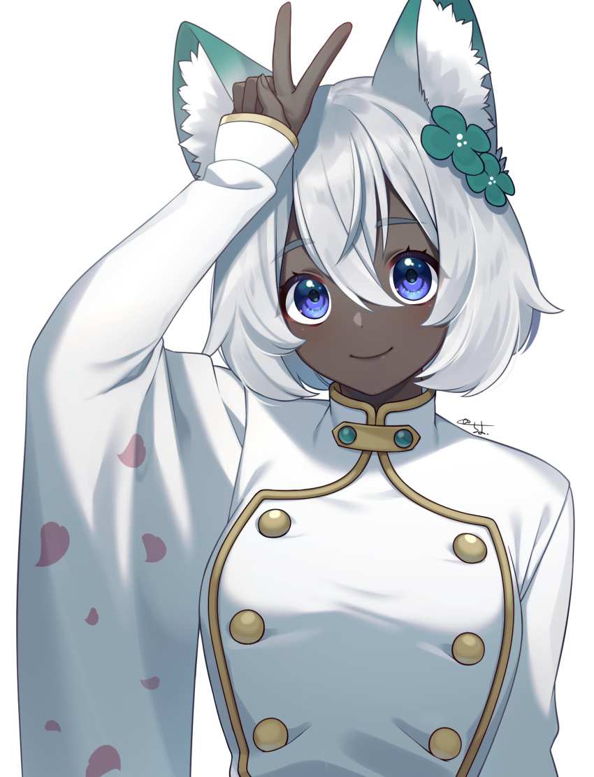 1girl animal_ear_fluff animal_ears arm_up bangs blue_eyes breasts cat_ears closed_mouth copyright_request dark_skin eyebrows_visible_through_hair flower green_footwear hair_between_eyes hair_flower hair_ornament highres jacket long_sleeves looking_at_viewer medium_breasts sakura_chiyo_(konachi000) short_hair signature silver_hair simple_background sleeves_past_wrists smile solo upper_body v virtual_youtuber white_background white_jacket