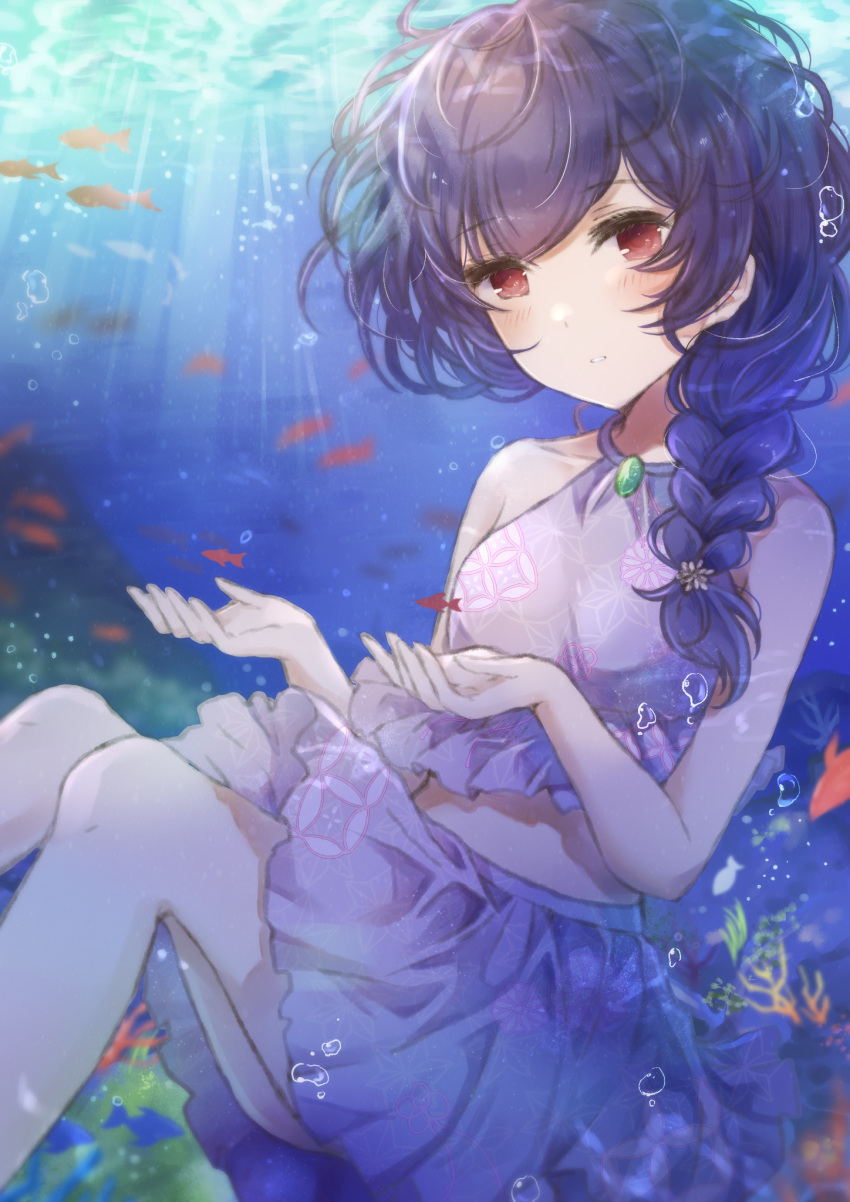 1girl bare_shoulders blush braid highres idolmaster idolmaster_shiny_colors legs looking_at_viewer morino_rinze namamake navel ponytail red_eyes skirt solo stomach swimsuit thighs underwater