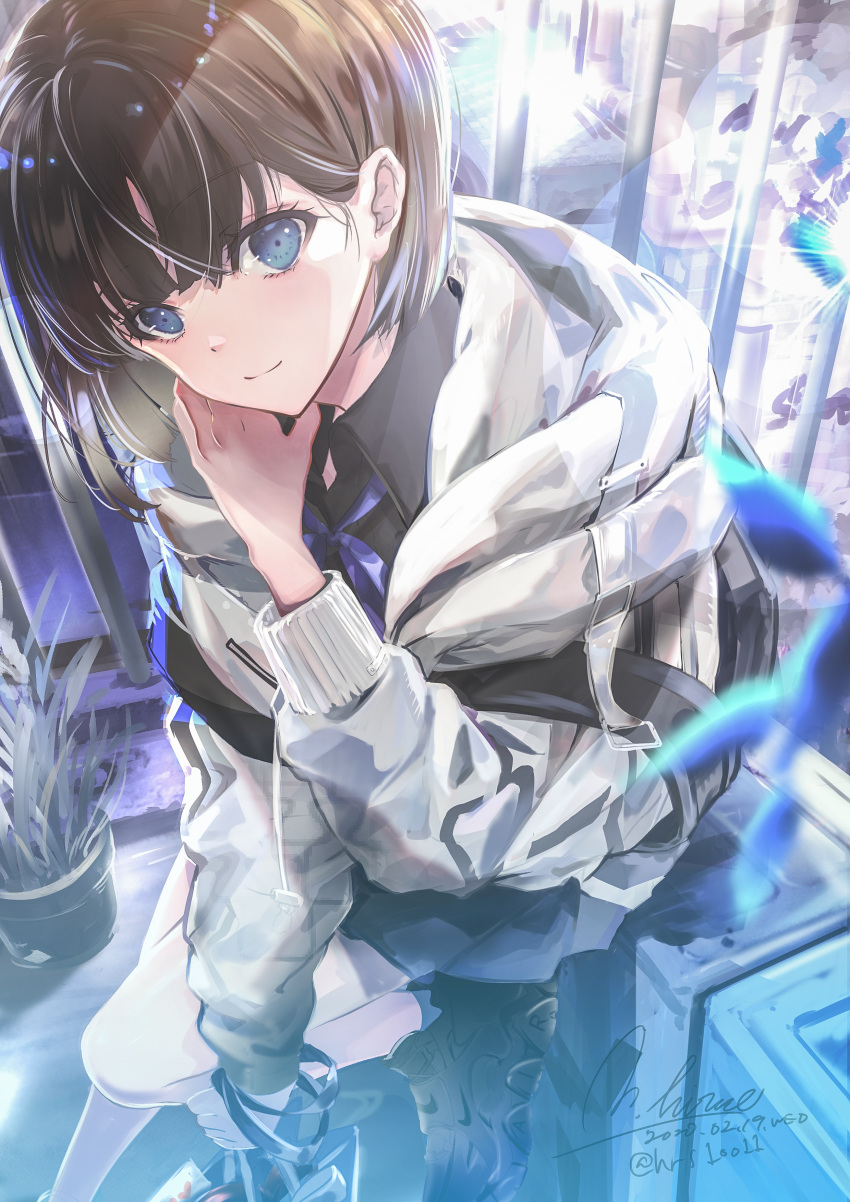 1girl 2020 absurdres brown_hair highres hirose_(10011) jacket original plant signature smile violet_eyes white_jacket white_skin