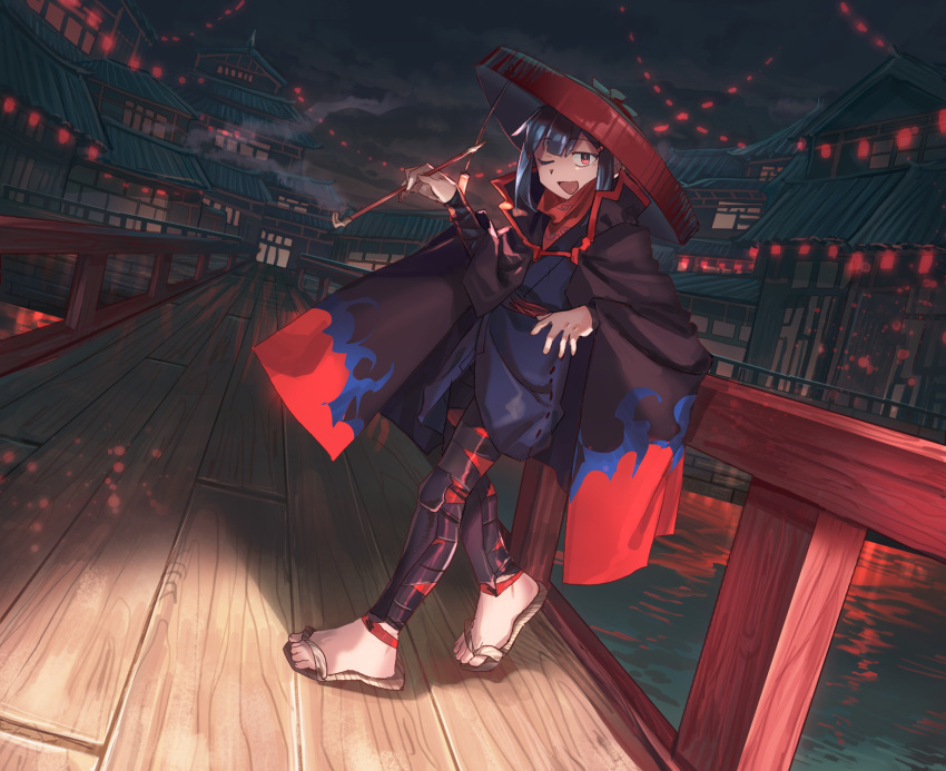 1girl :d architecture black_cape blue_hair cape east_asian_architecture highres holding holding_pipe kiseru kohari_(shichigatsu) long_sleeves looking_at_viewer night night_sky one_eye_closed open_mouth original outdoors pipe railing red_eyes sandals shichigatsu sky smile solo