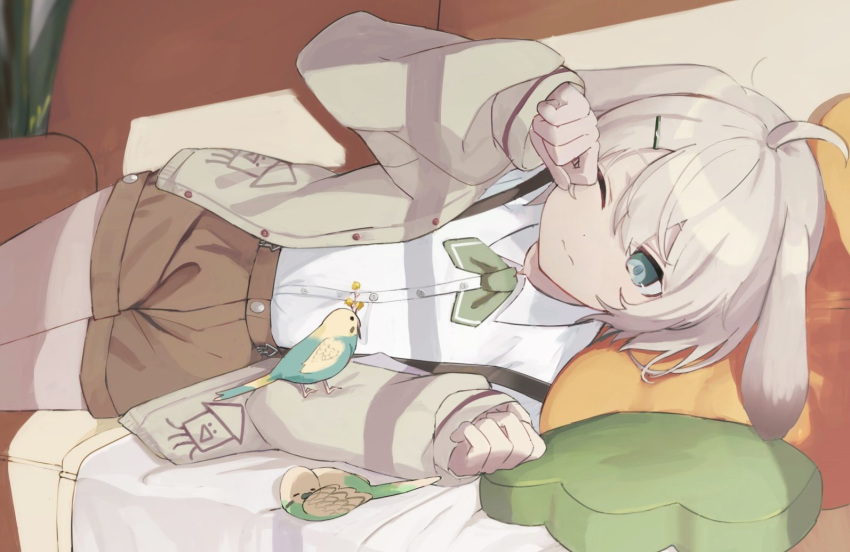 1girl 3; animal animal_ears bangs beak_hold bird blanket brown_shorts cardigan child_drawing collared_shirt couch cowboy_shot dress_shirt flower green_neckwear green_ribbon grey_hair hair_ornament hairclip indoors lon_(niconico) long_sleeves lying neck_ribbon niconico on_couch on_side one_eye_closed open_cardigan open_clothes pillow rabbit_ears ribbon rubbing_eyes shirt shorts sleeping sleepy sleeves_past_wrists usirome utaite_(singer) waking_up white_shirt window_shade yellow_flower