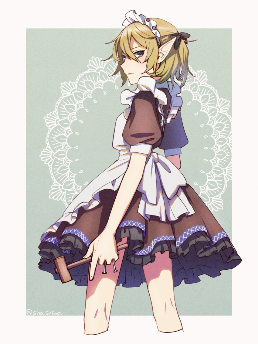 1girl adapted_costume alternate_costume apron bangs black_bow blonde_hair bow breasts brown_dress commentary_request cowboy_shot dress enmaided green_eyes hair_between_eyes hair_bow half_updo highres looking_back maid maid_apron maid_day maid_dress maid_headdress mallet mizuhashi_parsee nail pointy_ears puffy_short_sleeves puffy_sleeves short_hair short_ponytail short_sleeves shousuke_(sketch_shot) signature simple_background small_breasts solo touhou twitter_username white_apron white_bow