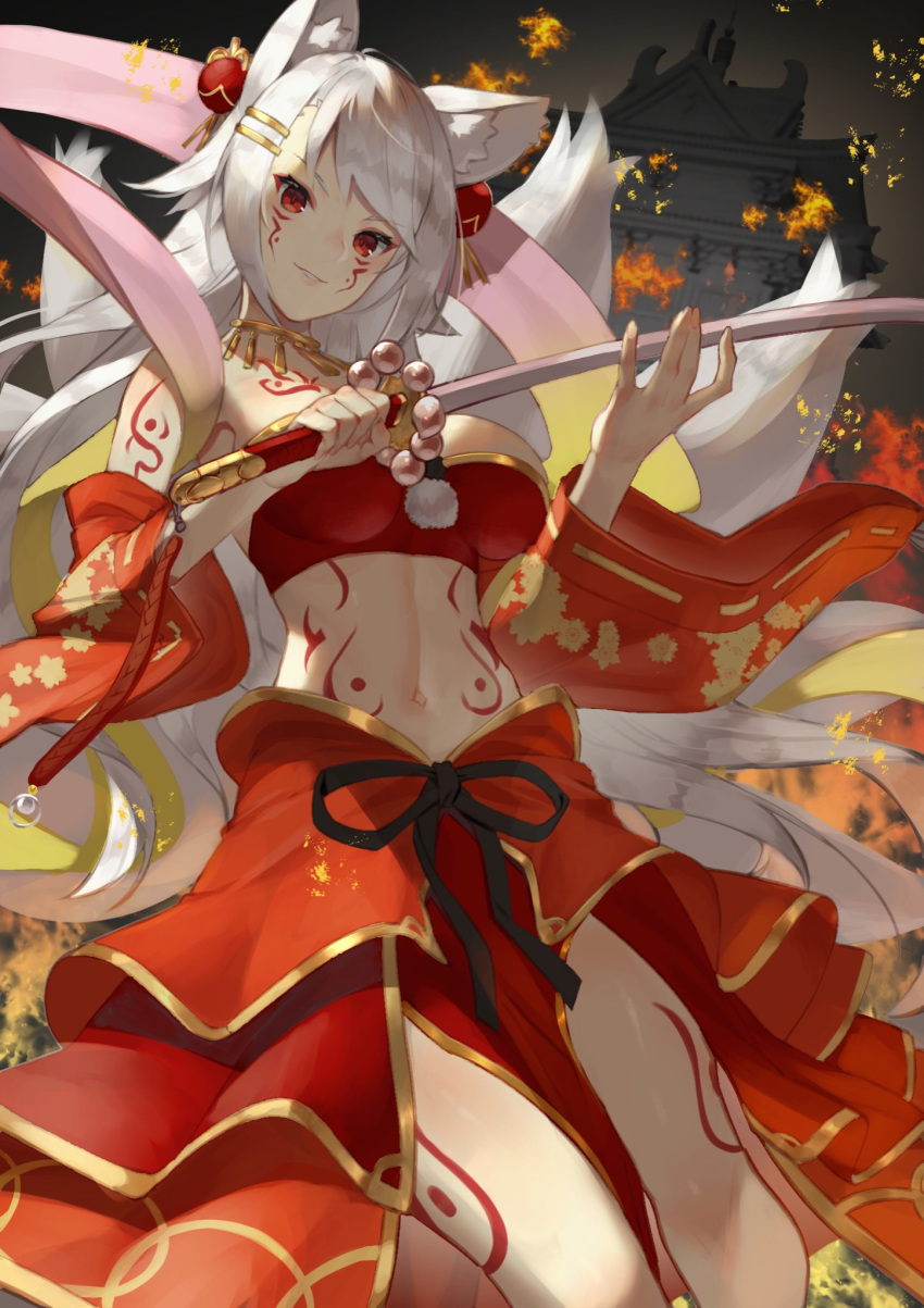 1girl animal_ears bandeau bangs bare_shoulders beads body_markings breasts chisya_syuri cosplay detached_sleeves facial_mark fire fox_ears fox_tail gold_trim hagoromo hair_ornament hairclip highres holding holding_sword holding_weapon indie_virtual_youtuber jewelry katana large_breasts layered_skirt long_hair looking_at_viewer multiple_tails navel necklace parted_lips pelvic_curtain red_eyes red_skirt ribbon shawl sidelocks skirt slit_pupils smile solo stomach sukocchi suzuka_gozen_(fate) suzuka_gozen_(fate)_(cosplay) swept_bangs sword tail thighs virtual_youtuber weapon white_hair wide_sleeves