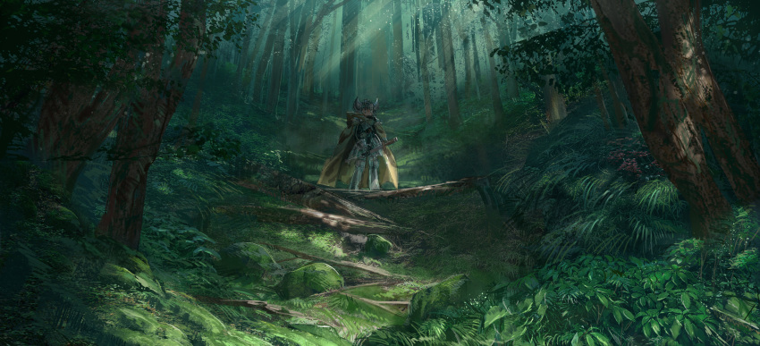 1girl absurdres armor blue_eyes cape forest gauntlets grass greaves helmet highres horned_helmet leaf light_rays looking_at_viewer nature original plant scenery sheath sheathed shichigatsu smile solo standing sunbeam sunlight sword tree weapon yellow_cape