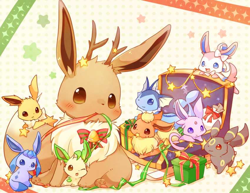 blush box brown_eyes closed_mouth commentary_request eevee espeon flareon fur gen_1_pokemon gen_2_pokemon gen_4_pokemon gen_6_pokemon gift gift_box glaceon jolteon leafeon looking_back mouth_hold no_humans one_eye_closed open_mouth pokemon pokemon_(creature) ribbon smile star_(symbol) sylveon tongue umbreon ushiina vaporeon