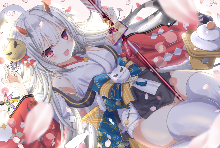 1girl :d ahoge arrow_(projectile) aruka_(alka_p1) azur_lane bangs bare_shoulders bell blue_bow blurry blurry_foreground bow commentary_request depth_of_field detached_sleeves dutch_angle ema eyebrows_visible_through_hair flower hair_between_eyes hair_ornament hamaya hibiki_(azur_lane) hibiki_(new_year's_little_imp)_(azur_lane) highres holding holding_arrow horns japanese_clothes jingle_bell kagami_mochi kimono long_hair long_sleeves looking_at_viewer new_year open_mouth petals red_eyes red_flower red_sleeves revision shuttlecock silver_hair sitting sleeveless sleeveless_kimono smile solo thigh-highs very_long_hair wariza white_kimono white_legwear wide_sleeves