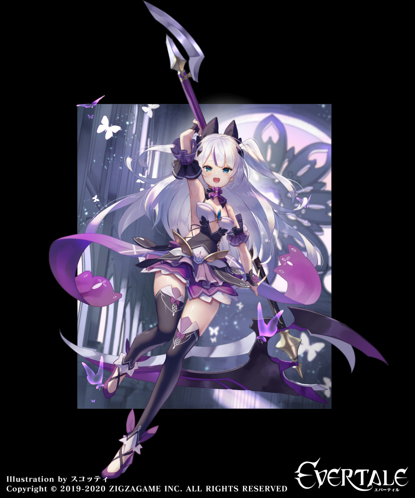 1girl absurdres aria_(evertale) artist_name blue_eyes copyright_name evertale floating highres holding holding_scythe looking_at_viewer official_art open_mouth scythe solo sukocchi thigh-highs two_side_up white_hair
