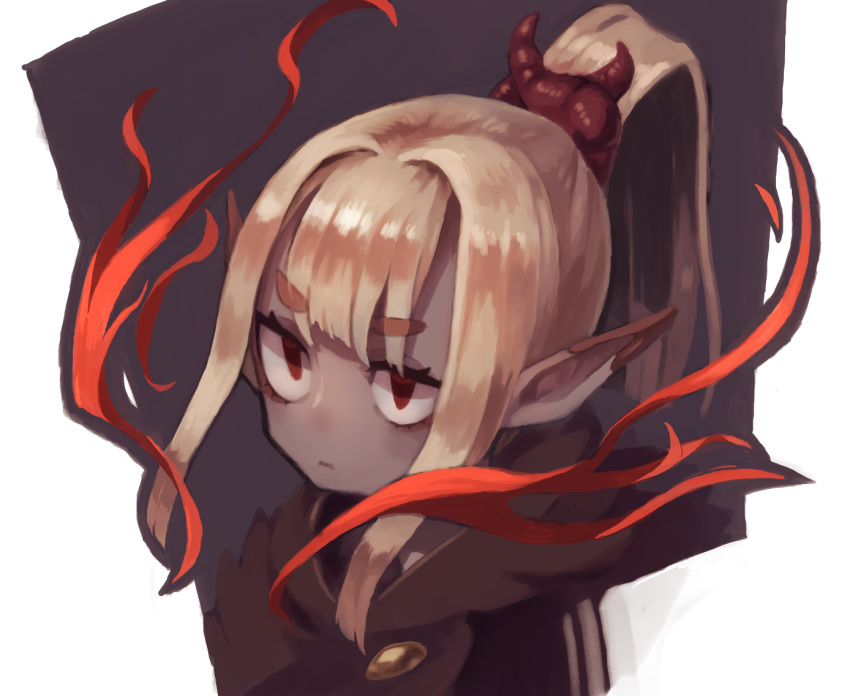 1girl blonde_hair cloak closed_mouth eyebrows_visible_through_hair grey_skin hood hood_down jitome okame_nin original pointy_ears ponytail portrait red_eyes solo