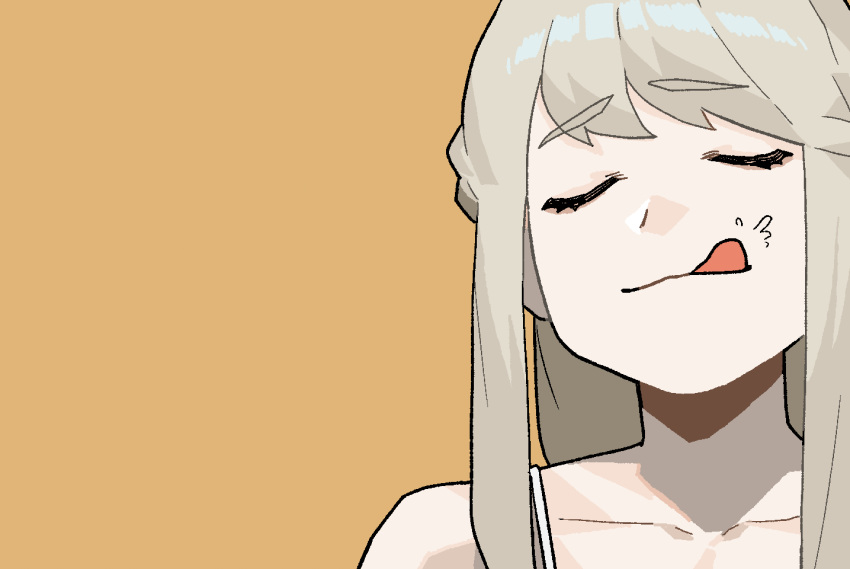 1girl :q bare_shoulders blonde_hair braid camisole closed_eyes facing_viewer french_braid gogalking grey_hair junior_(gogalking) licking_lips negative_space original portrait simple_background smile solo tongue tongue_out upper_body white_camisole yellow_background