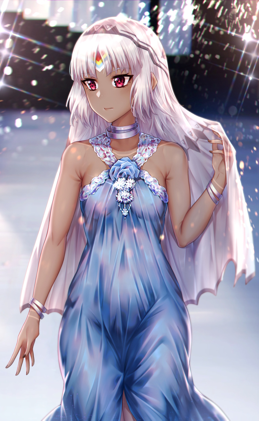 1girl absurdres altera_(fate) bangs bare_shoulders blue_dress blush bracelet breasts choukoukou_no_diaosi closed_mouth contemporary dark_skin dress fate/extella fate/extra fate_(series) highres jewelry looking_to_the_side neck_ring red_eyes short_hair small_breasts thighs veil white_hair