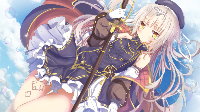 1girl aruka_(alka_p1) azur_lane blush clouds cloudy_sky commentary_request detached_sleeves gloves hair_ornament highres holding holding_sword holding_weapon iron_cross leg_tattoo long_hair looking_at_viewer military military_uniform mole mole_under_eye off-shoulder_coat revision silver_hair sky smile solo sword tattoo uniform water_drop weapon white_gloves yellow_eyes z46_(azur_lane)