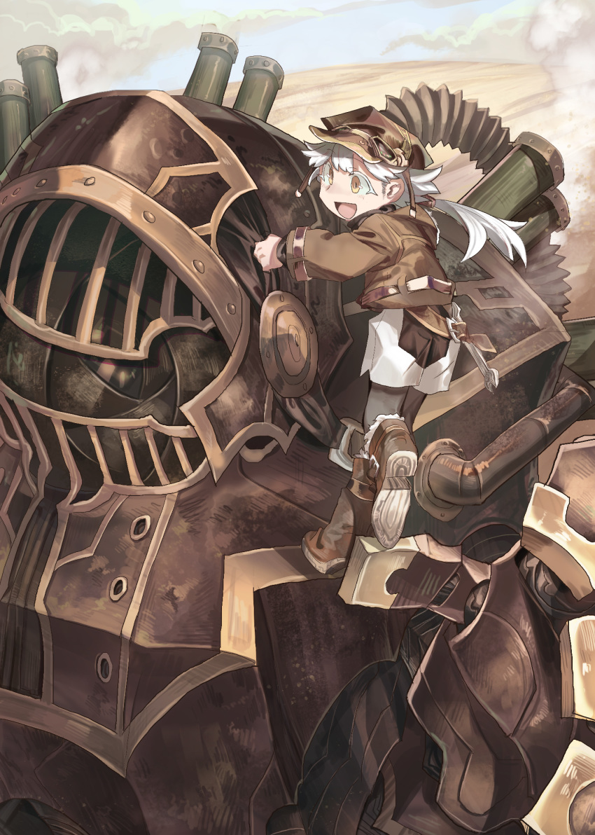 1girl belt black_pupils blush brown_belt brown_footwear brown_headwear brown_theme clouds cloudy_sky exhaust exhaust_pipe fur-trimmed_footwear fur_trim goggles goggles_on_headwear highres holding long_hair mecha open_mouth original outdoors pipes ponytail robot sand scratches shichigatsu size_difference sky smile steam steampunk turtleneck white_hair wrench yellow_eyes
